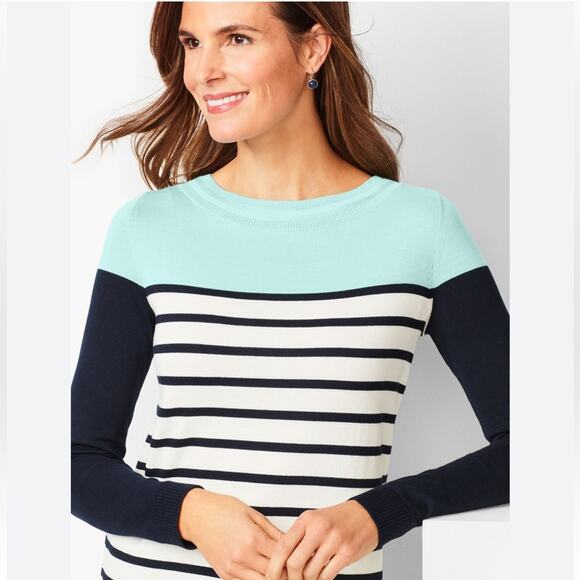 Talbots Sweaters - Talbots Cotton Tencel colorblock Striped Sweater Navy Blue Ivory Mint Green